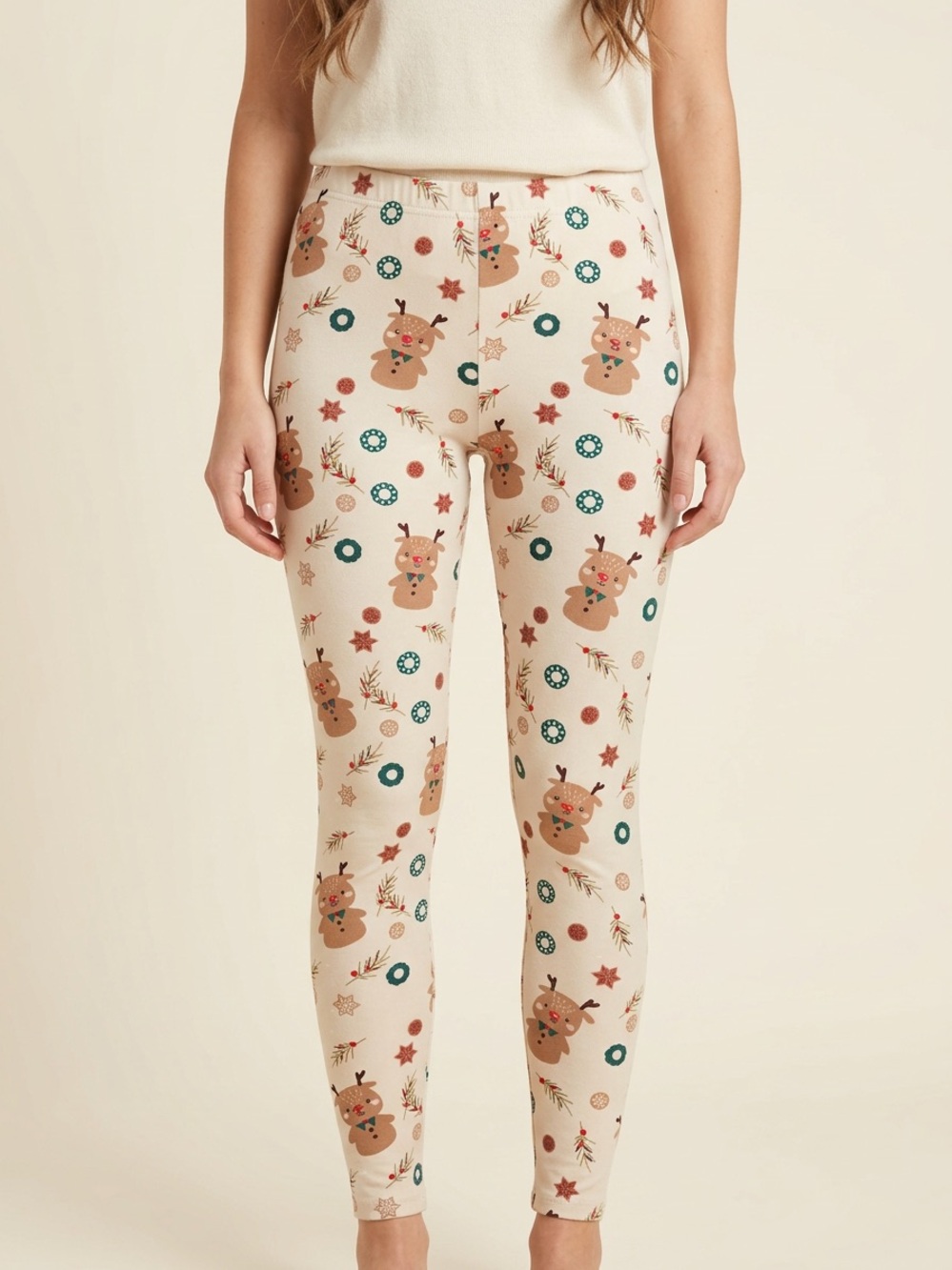 Girls Cream Holiday Reindeer Print Leggings